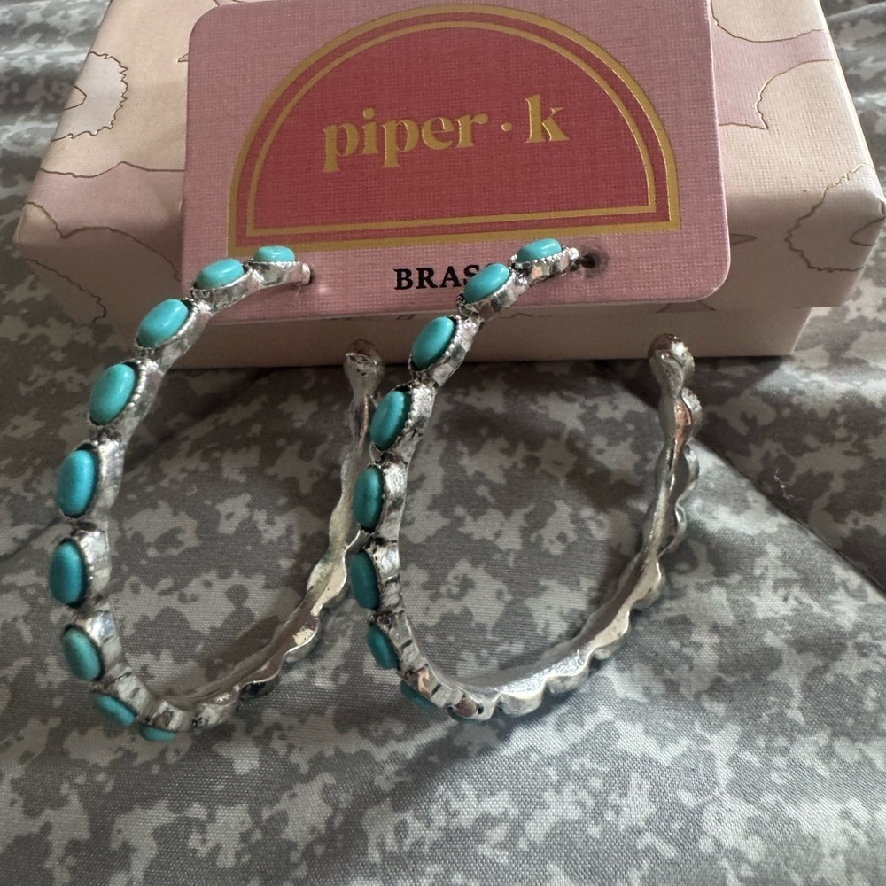 Piper K Brass and Turquoise Dangle Hoops/Earrings - Picture 2 of 6